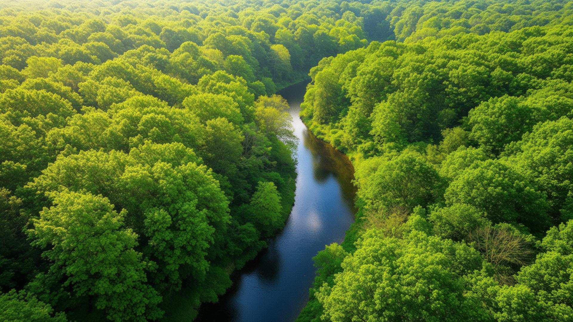 Aerial view of a lush green forest with a winding river